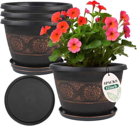 4 Pack 12 inch Plant Pots, Retro Pattern Planters with Drainage Holes and Saucer, Sturdy Plastic