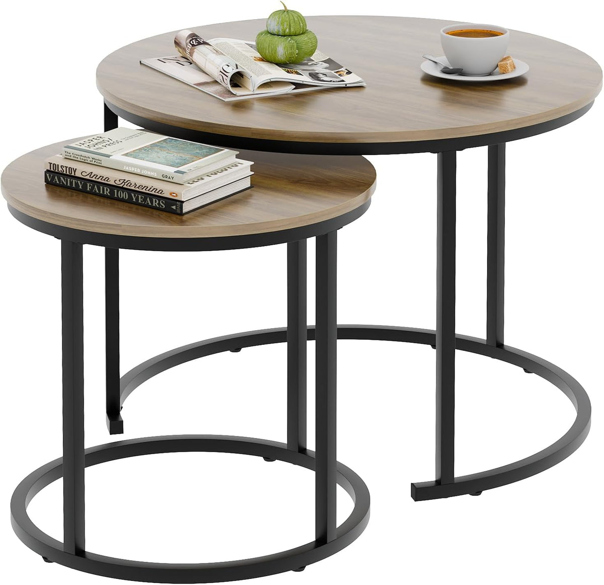 aboxoo Coffee Table Nesting Side Round Table Set of 2 End Table with Sturdy Metal Frame for Living