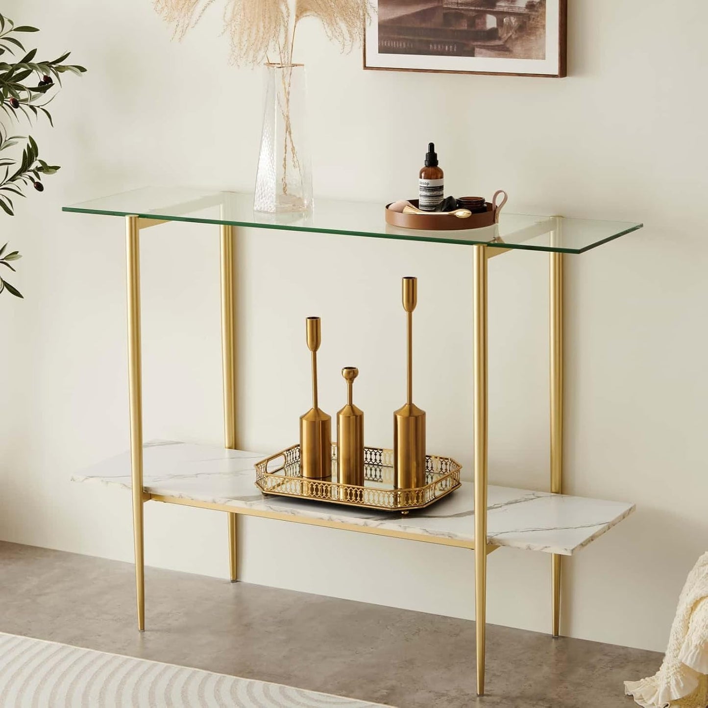 Glass Console Table for Living Room, Foyer & Entrance, 2-Tiers Mid-Century Modern Sofa Table with