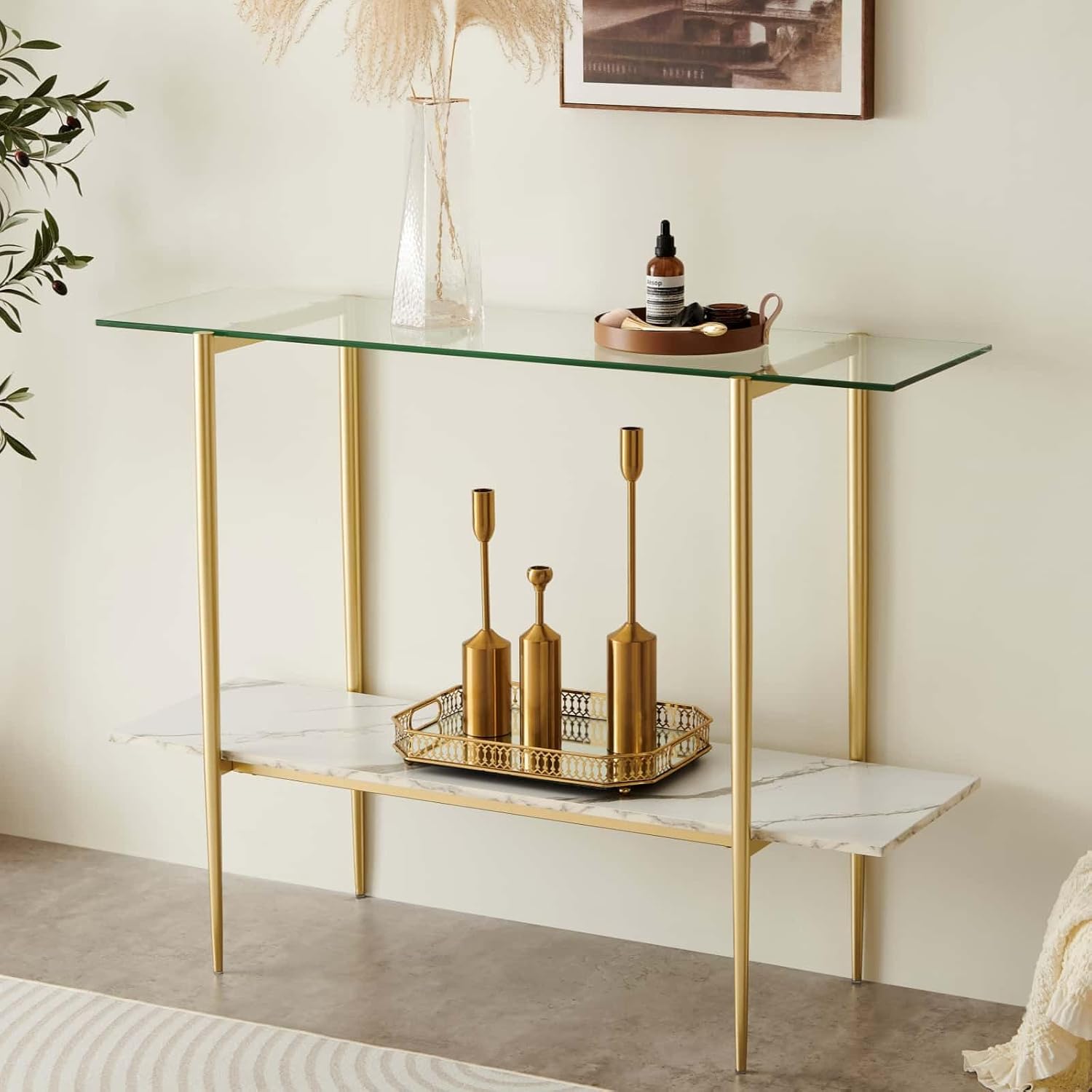 Glass Console Table for Living Room, Foyer & Entrance, 2-Tiers Mid-Century Modern Sofa Table with