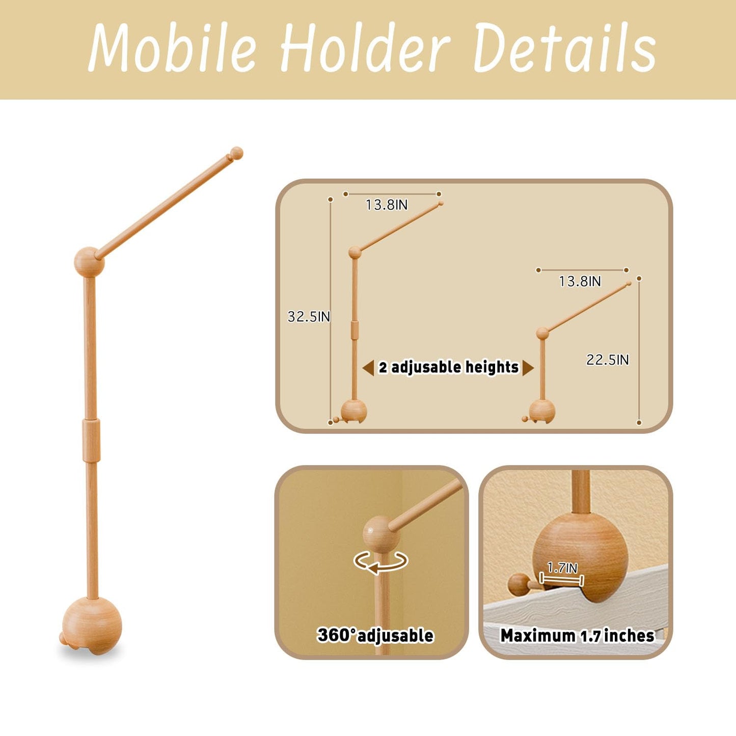Crib Mobile Arm with Music Box,32.5 Inch Crib Mobile Stand,Wooden Mobile Arm for Crib (2