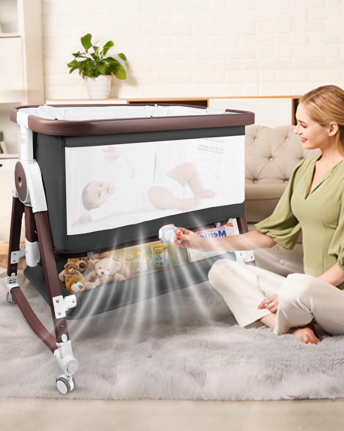 4 in 1 Baby Bassinet, Bassinets Bedside Sleeper with Wheels and Storage Basket, Adjustable 7
