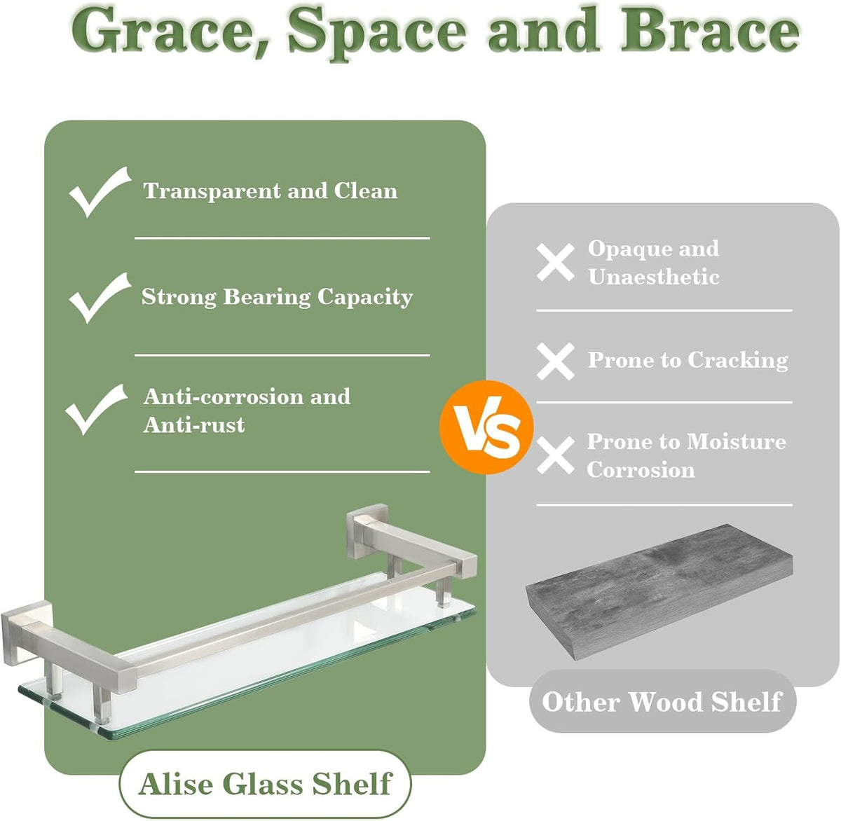 Alise Glass Shelves for Bathroom Wall, Tempered Glass Bathroom Shelf Wall Mounted, Modern Space