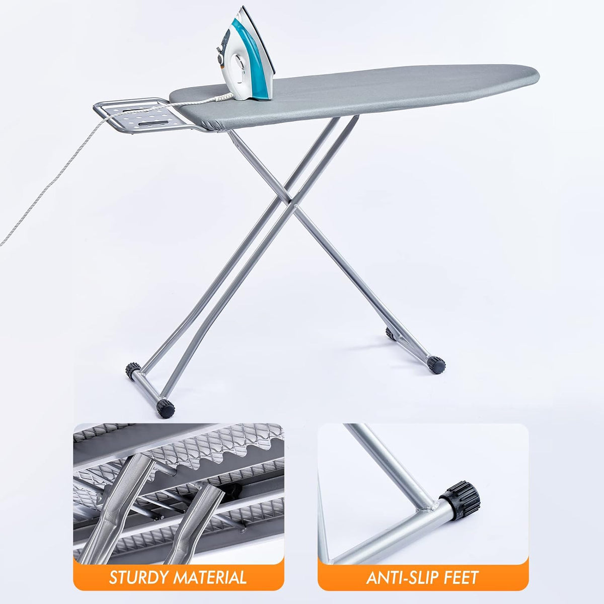 Ironing Board, Heat Resistant Cover Iron Board with Steam Rest, Non-Slip Foldable Ironing Stand.