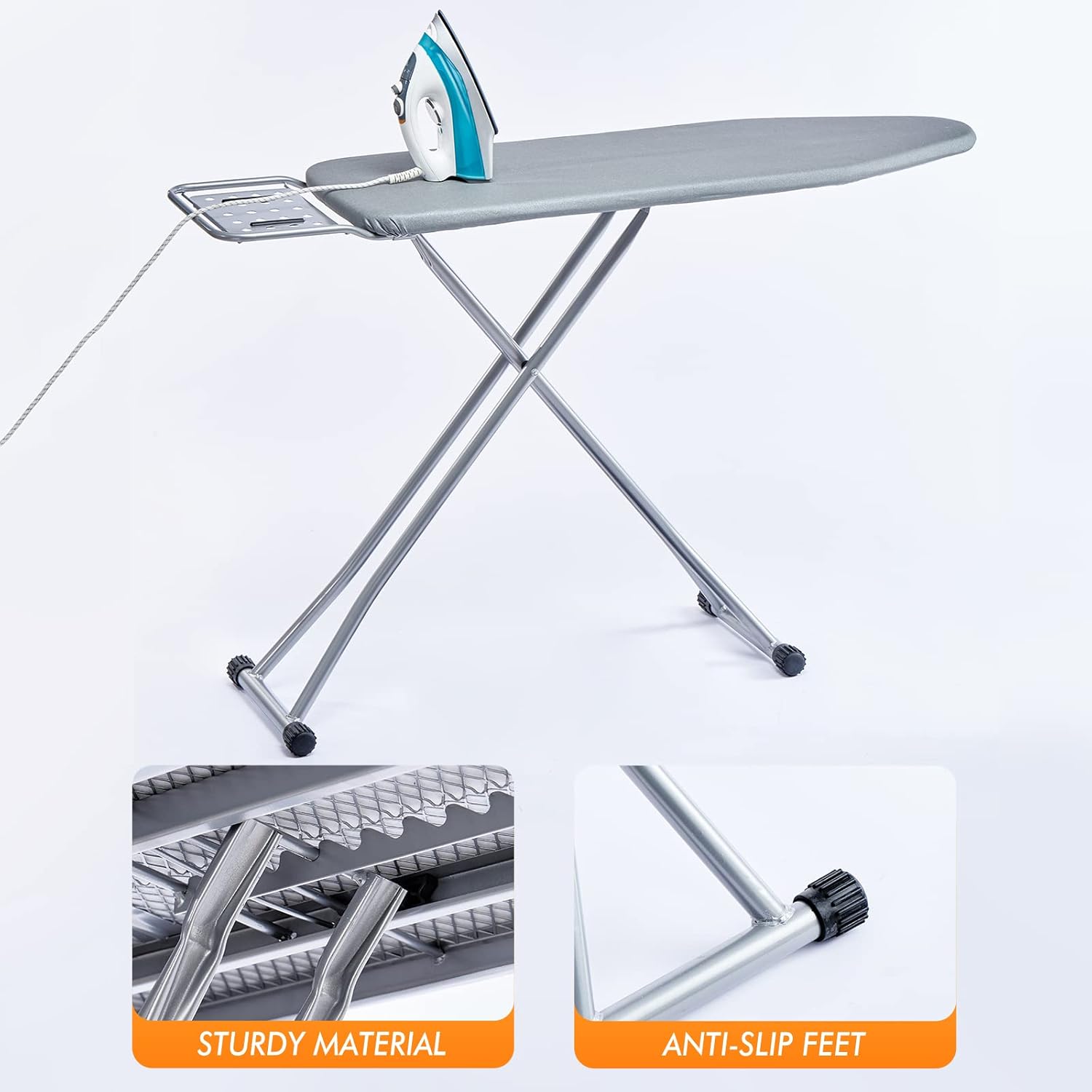 Ironing Board, Heat Resistant Cover Iron Board with Steam Rest, Non-Slip Foldable Ironing Stand.