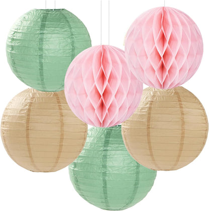 Sage-Green Pink-Champagne Party-Decorations Streamers Lanterns - 14pcs Neutral Baby Shower Paper