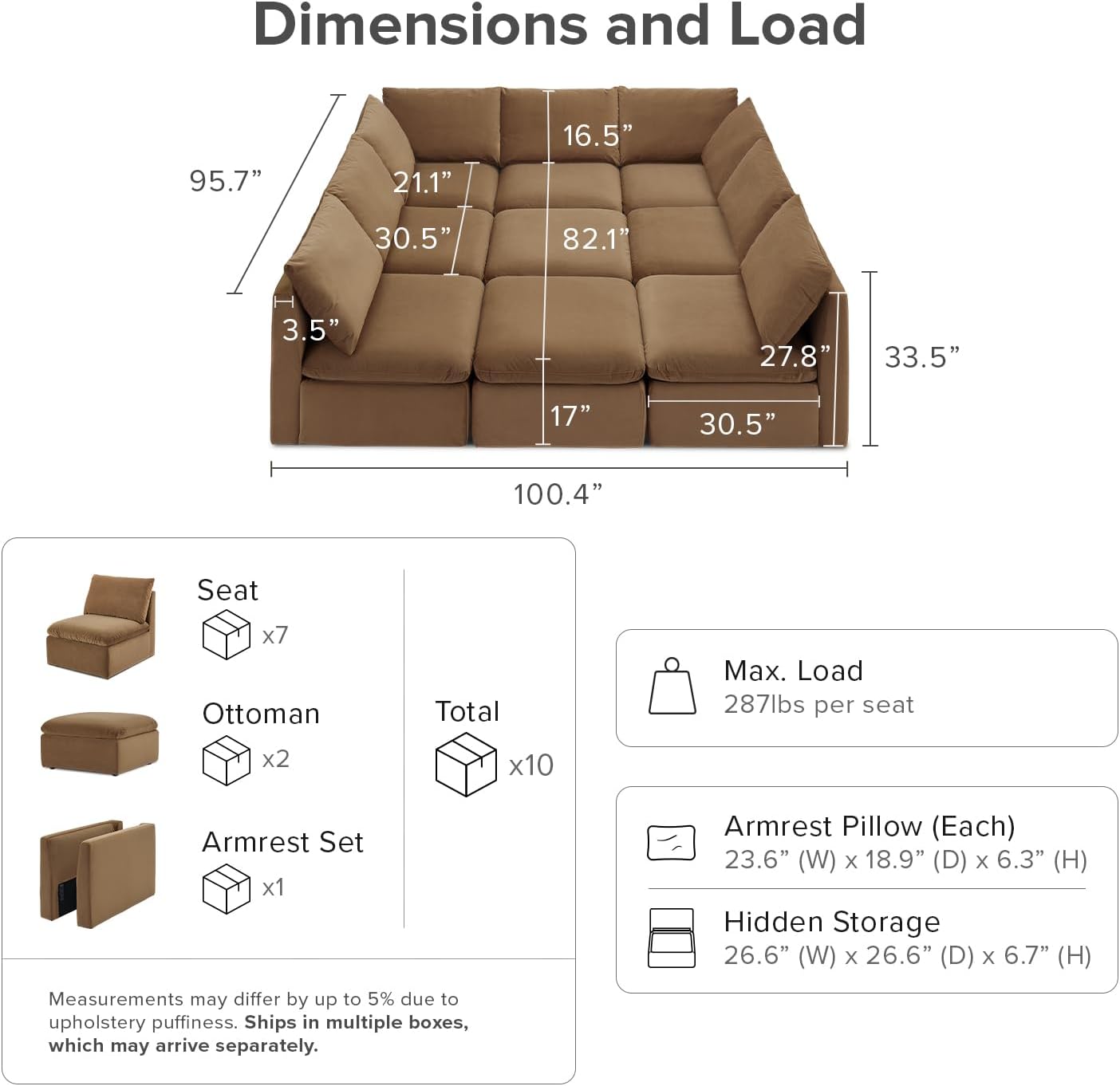 mopio Oversized Modular Sectional Sofa with Fully Removable Covers and Storage, Convertible U