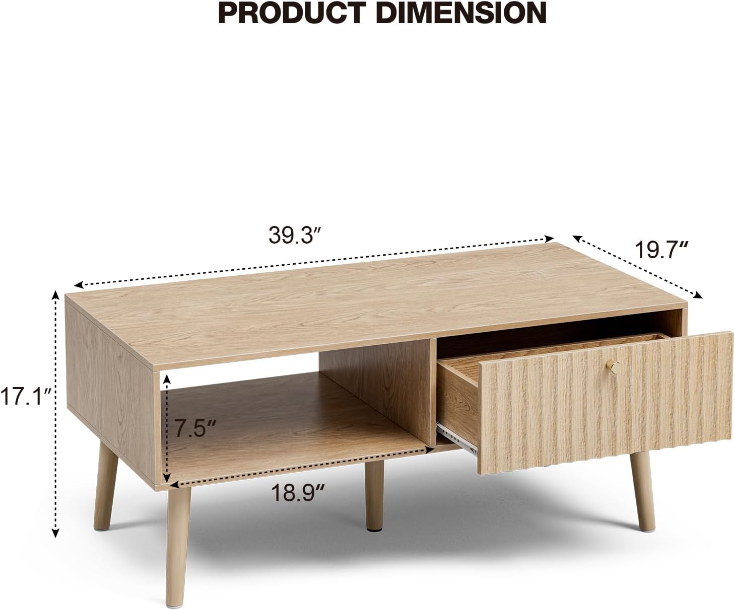 Coffee Table with Storage, Boho Dining Table with Fluted Drawer and Solid Wood Legs, Small Coffee