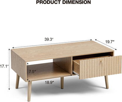 Coffee Table with Storage, Boho Dining Table with Fluted Drawer and Solid Wood Legs, Small Coffee