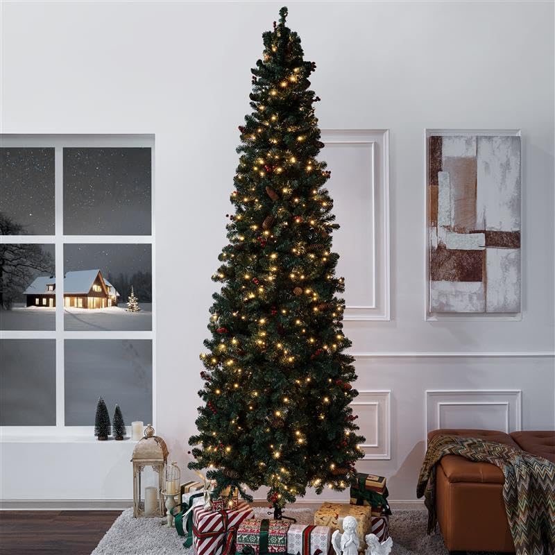 Naomi Home Belen 9ft Pencil Christmas Tree Prelit pre-Decorated with Pine Cones, Red Berries, 1457