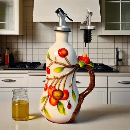 18 Oz Hand Painted Relief Ceramic Olive Oil Bottle Dispenser for Kitchen, Oil and Vinegar Bottle