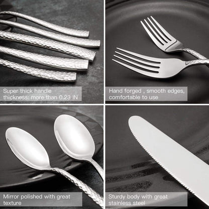 Silverware 45-Piece Silver Hammered Flatware Set with Serving Utensils Stainless Steel Thick Handle