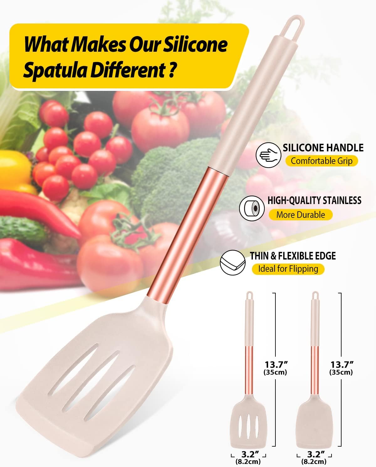 Pack of 2 Silicone Solid Turner, Non Stick Slotted Kitchen Spatulas, High Heat Resistant BPA Free