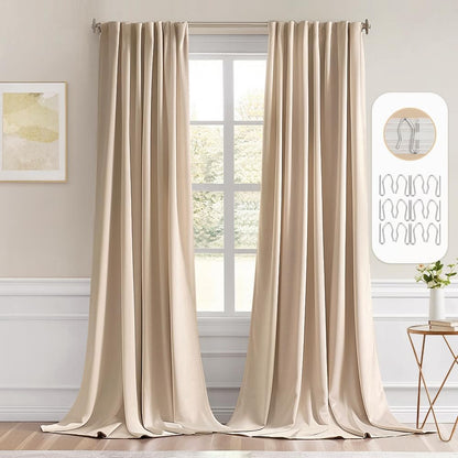 MIULEE Back Tab Beige Curtains 102 Inch Long 2 Panels Set for Living Room Bedroom, Cream Rod