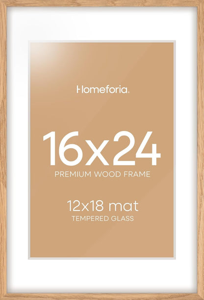 Homeforia Picture 16x24 Wood Frame, High End Natural Oak 16x24 Light Wooden Poster Frame with Mat