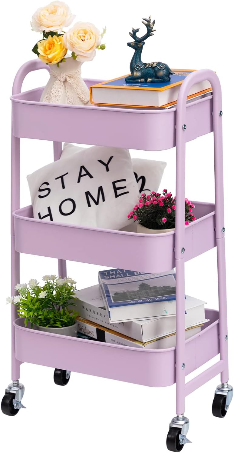 AGTEK Makeup Cart, Movable Rolling Organizer Cart, 3 Tier Metal Utility Cart with Lockable Wheels