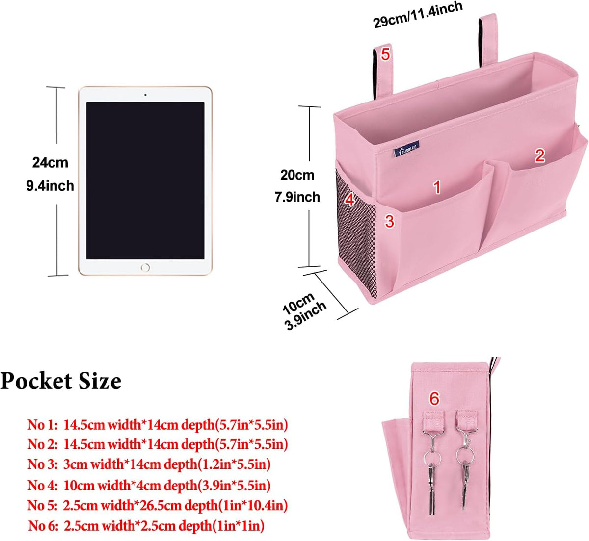 Surblue Caddy Hanging Organizer Bedside Storage Bag for Bunk and Hospital Beds, Pink, Small