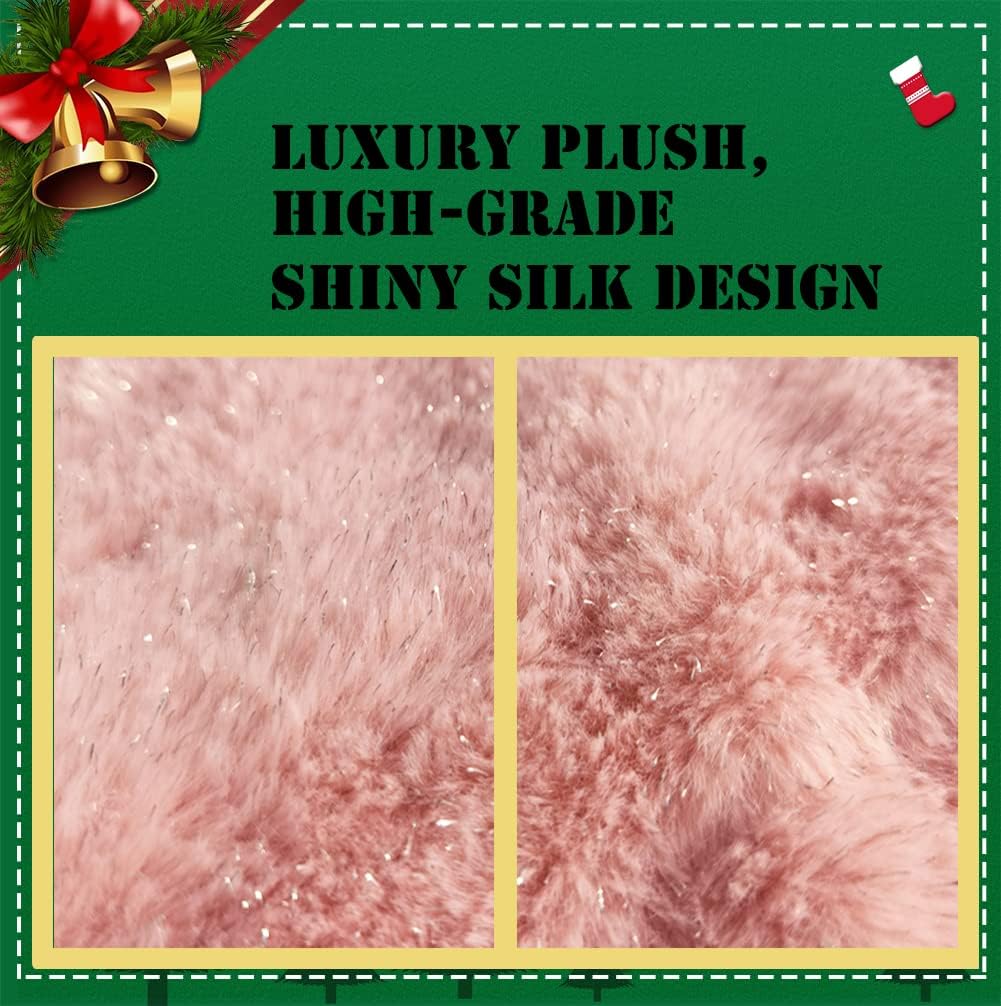 AOGU 36 Inch Faux Fur Christmas Tree Skirt Pink Shiny Plush Skirt for Merry Christmas Party