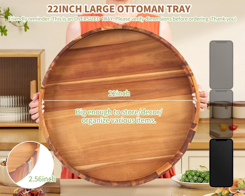 Extra Large Round Ottoman Coffee Table Tray, 22" Big Kitchen Serving Trays for Huge Ottoman Counter