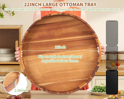 Extra Large Round Ottoman Coffee Table Tray, 22" Big Kitchen Serving Trays for Huge Ottoman Counter