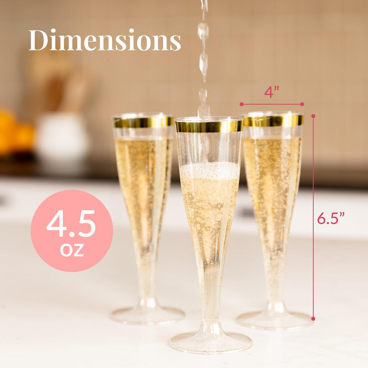 Prestee Set of 24 Plastic Champagne Flutes with Gold Rim - 4.5 oz - Shatterproof Disposable Glasses