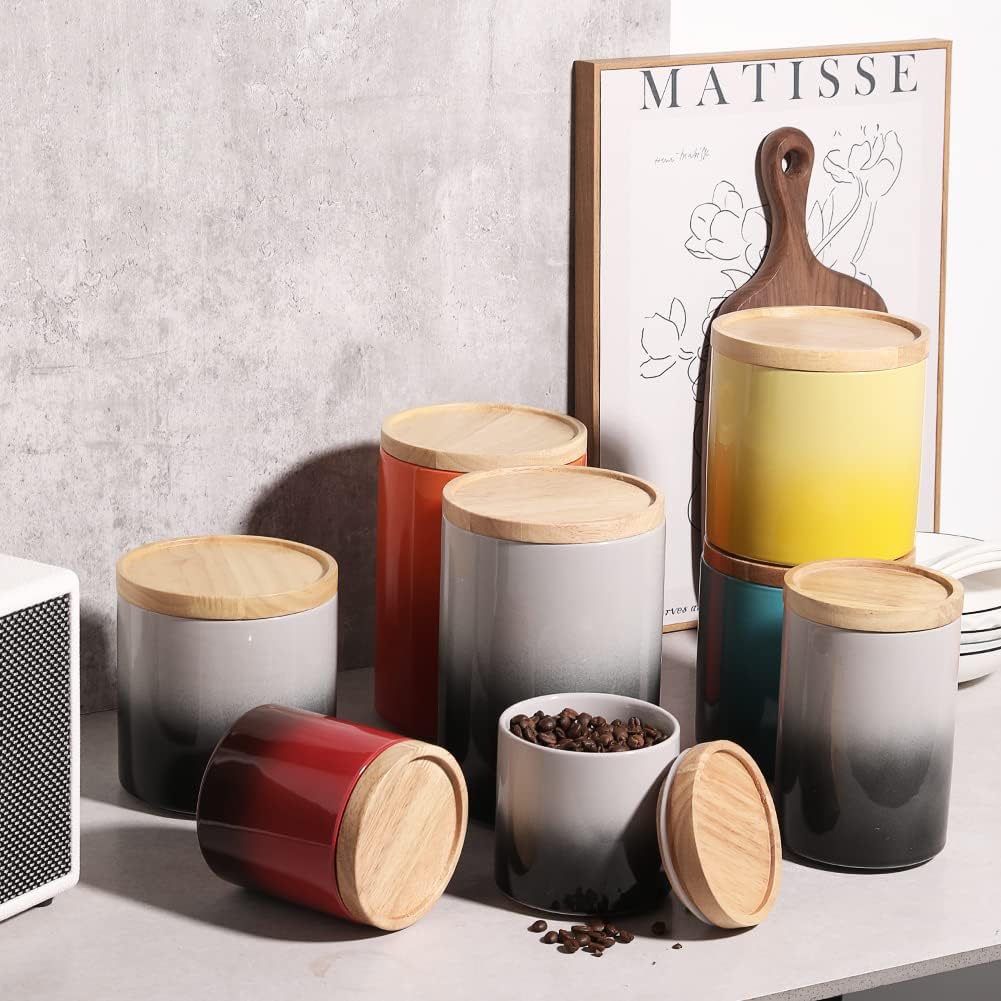 Sweejar Ceramic Food Storage Jar, Stackable Kitchen Canisters, Containers with Airtight Seal Wooden