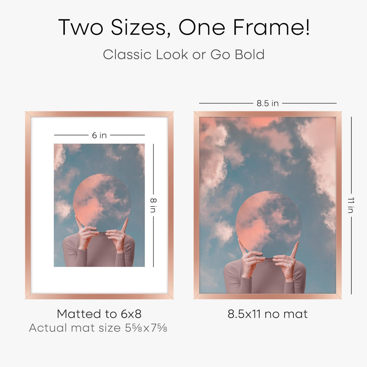 Homeforia 8.5x11 Rose Gold Frame, High End Metal 8.5 x 11 Picture Frames with Mat 6 by 8 inch