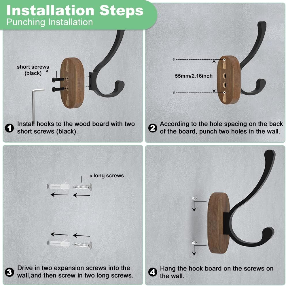 Wall Hooks for Hanging Coats - 4 Pack Coat Hooks Wall Mounted, Wood Coat Hooks for Wall, Bussdis