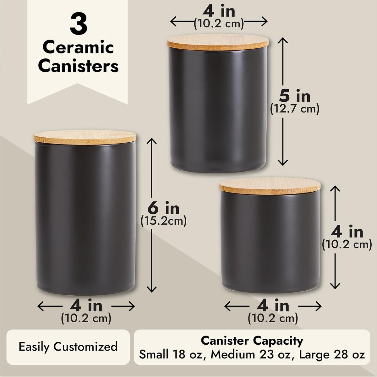 Farmlyn Creek Set of 3 Matte Black Kitchen Canister with Airtight Wooden Bamboo Lids, Kitchen