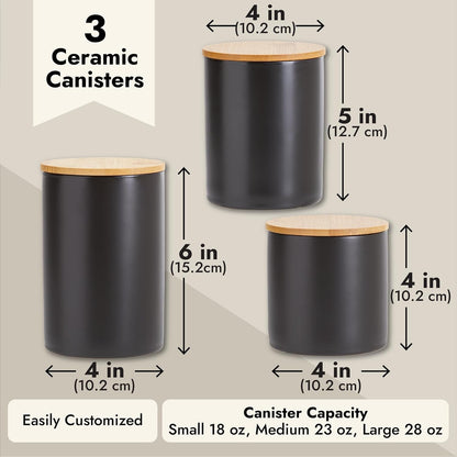 Farmlyn Creek Set of 3 Matte Black Kitchen Canister with Airtight Wooden Bamboo Lids, Kitchen