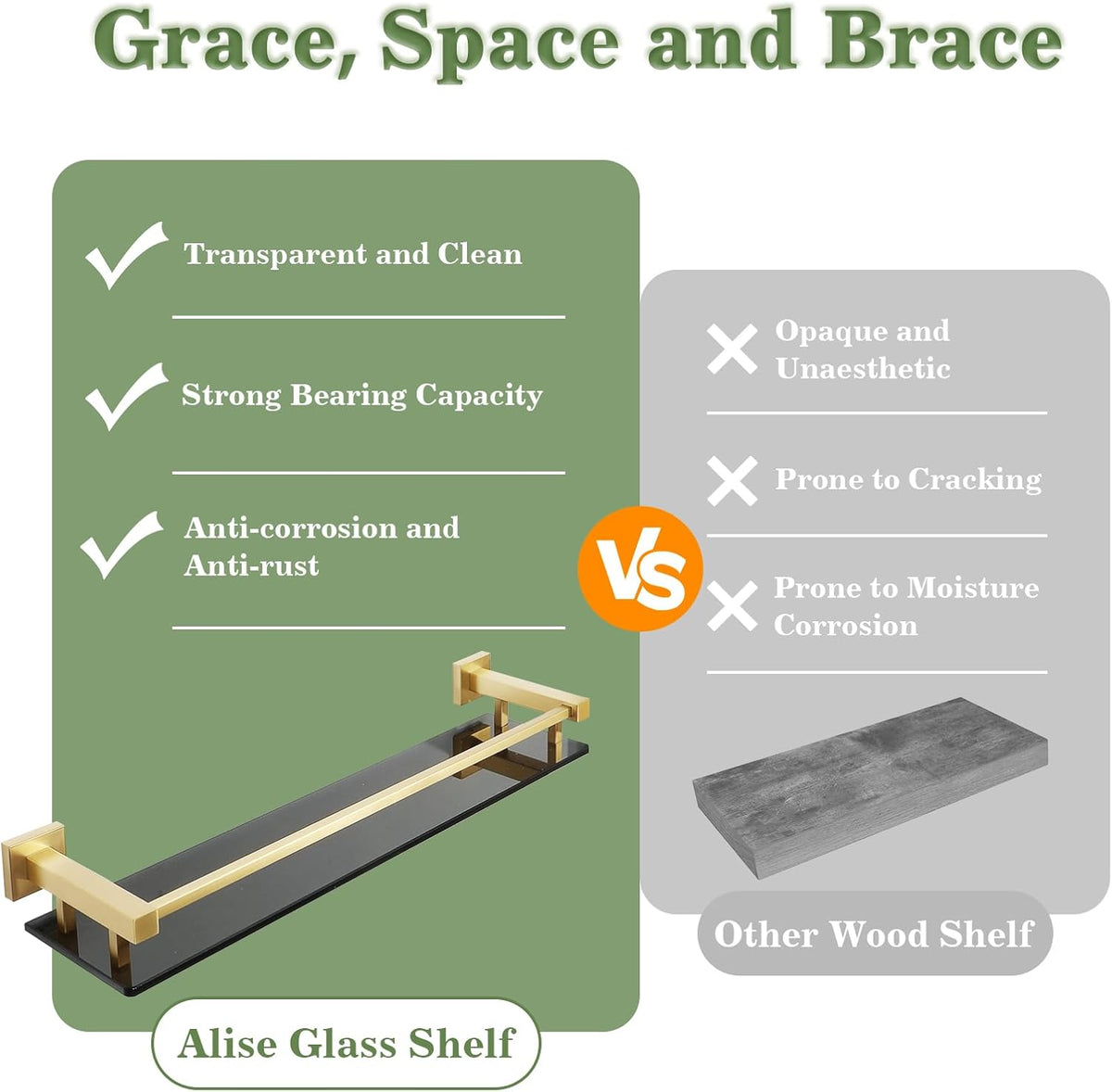 Alise Bathroom Glass Shelf with Stainless Steel Railing, Gold Small Tempered Glass Floating Wall