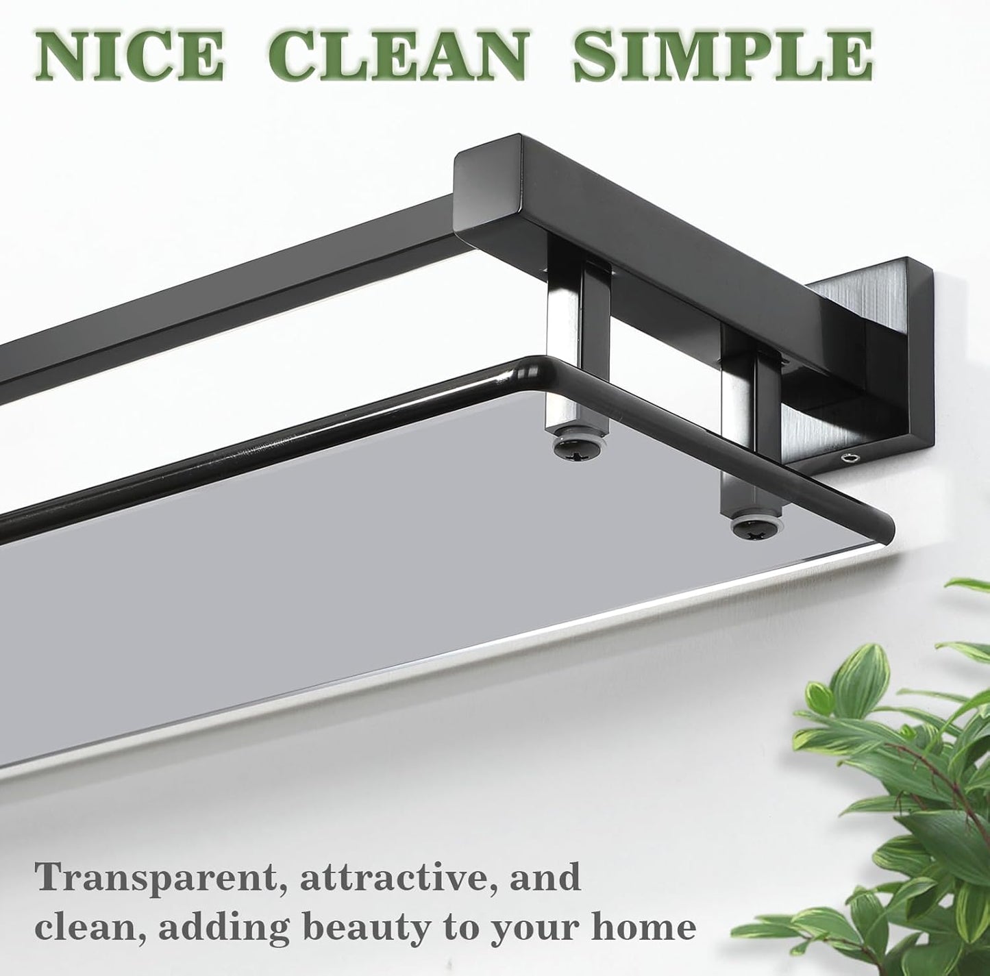 Alise Bathroom Glass Shelf with Stainless Steel Railing, Matte Black Small Tempered Glass Floating