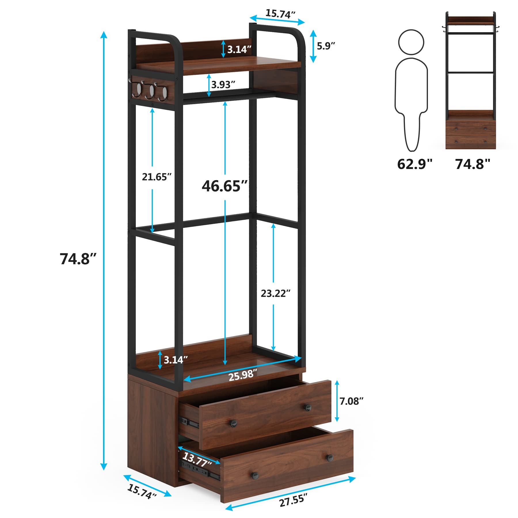 Tribesigns Freestanding Closet Organizer Small Clothes Rack Coat Rack with Drawers and Shelves