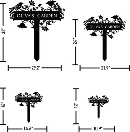 Customized Metal Birds and Flowers, Personalized Garden Sign with Stake, Gardening Decor for