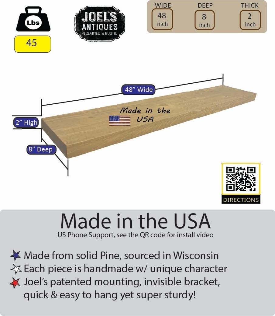 joelsantiques - 48 Inch Wooden Floating Shelves for Wall - 48x8x2 in - Made of Natural Wood - Long