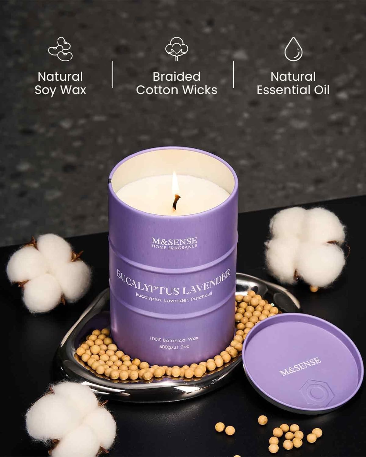 M&SENSE Eucalyptus Lavender Scented Candles Large, Natural Soy Candles 21.2oz 120 Hour Slow