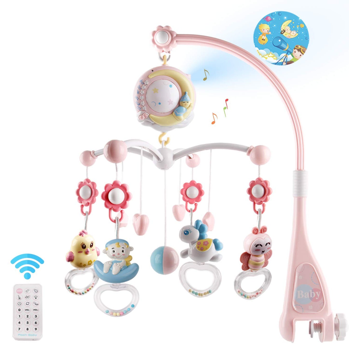 Baby Musical Crib Mobile with Timing Function Projector and Lights,Hanging Rotating Rattles and