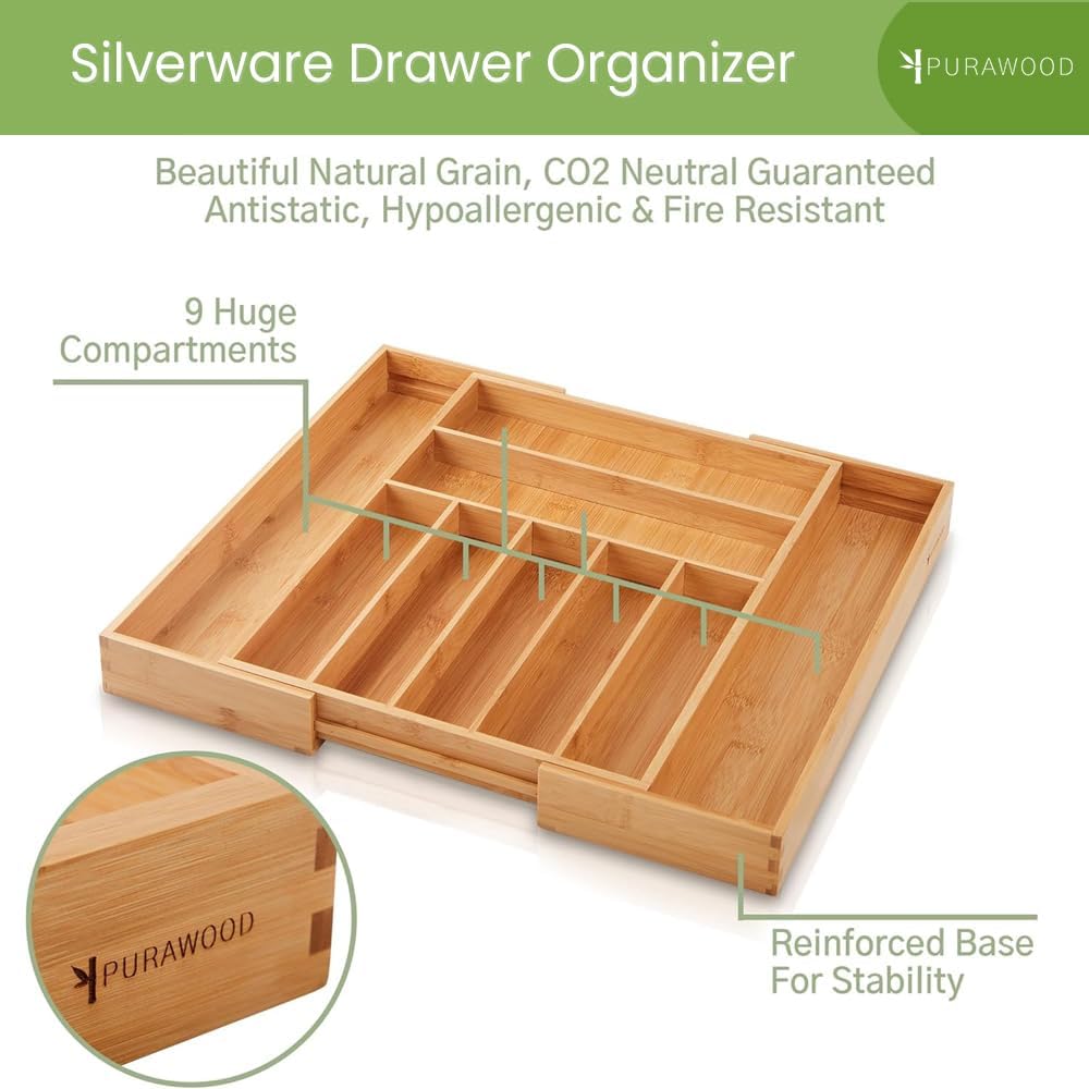 Bamboo Drawer Organizer, 2 Pack - Expandable Silverware Organizer & Utensil Drawer Organizer