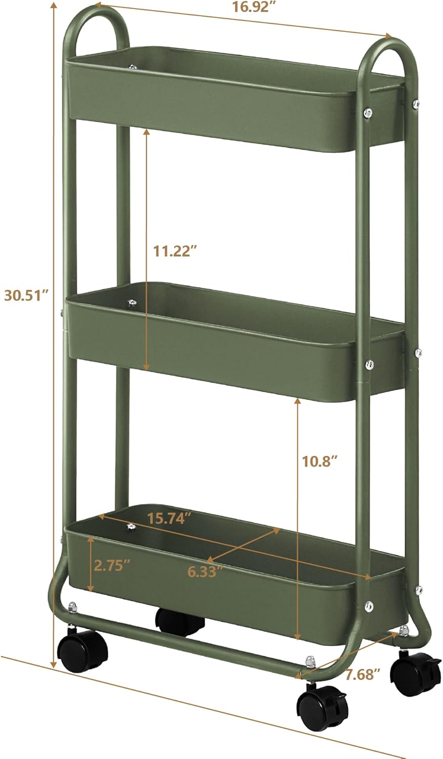 SunnyPoint Slim Rolling Storage Cart, 3 Tier Bathroom Storage Organizer Bathroom, Laundry Utility