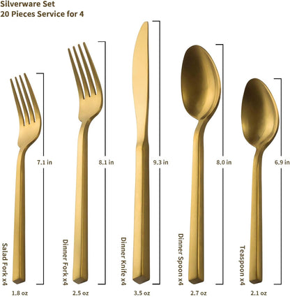 Alata Cube Gold 45-Piece Flatware Set, Forged Cutlery Set, Matte Gold Silverware Service for 8