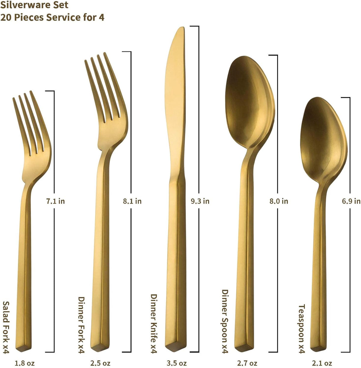 Alata Cube Gold 20-Piece Flatware Set, Forged Cutlery Set, Matte Gold Silverware Service for 4