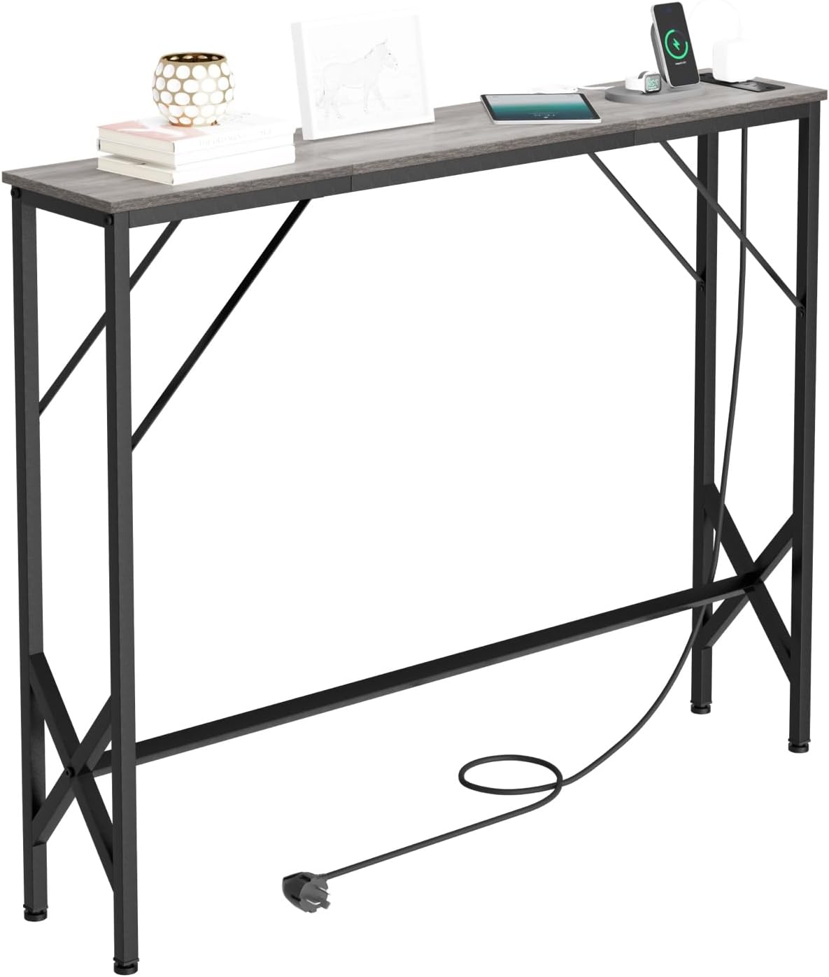 Console Table, Skinny Entryway Table with Fast-Charging Station, Narrow Long Sofa Table, Behind