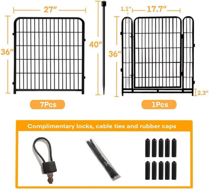 36 in(H) Garden Fence With Gate, Wide Gate Low Threshold, 8 Panels Total 17.7 ft(L) Heavy Duty Iron