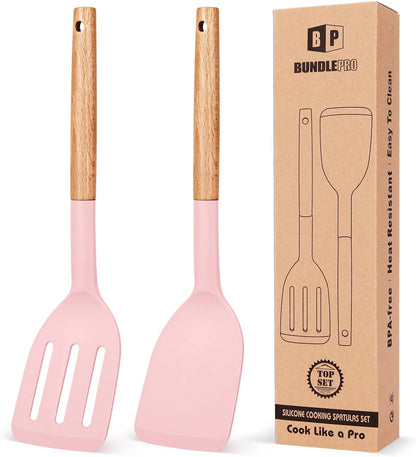 Pack of 2 Silicone Cooking Spatula, Heat Resistant Solid Turner, Non Stick Slotted Spatulas with
