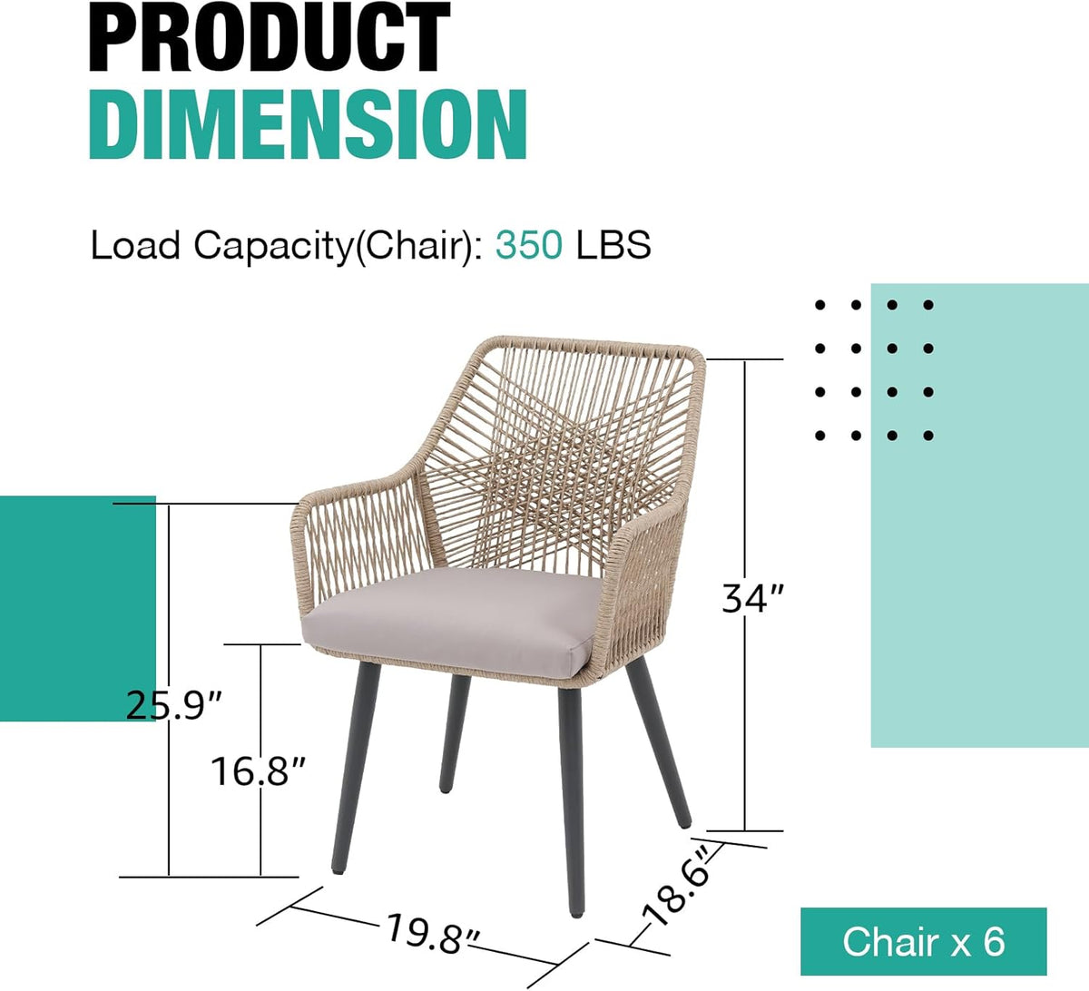 Patiorama Patio Dining Chair Set of 6, Woven Rope Outdoor Dining Chair w/Steel Frame, All-Weather