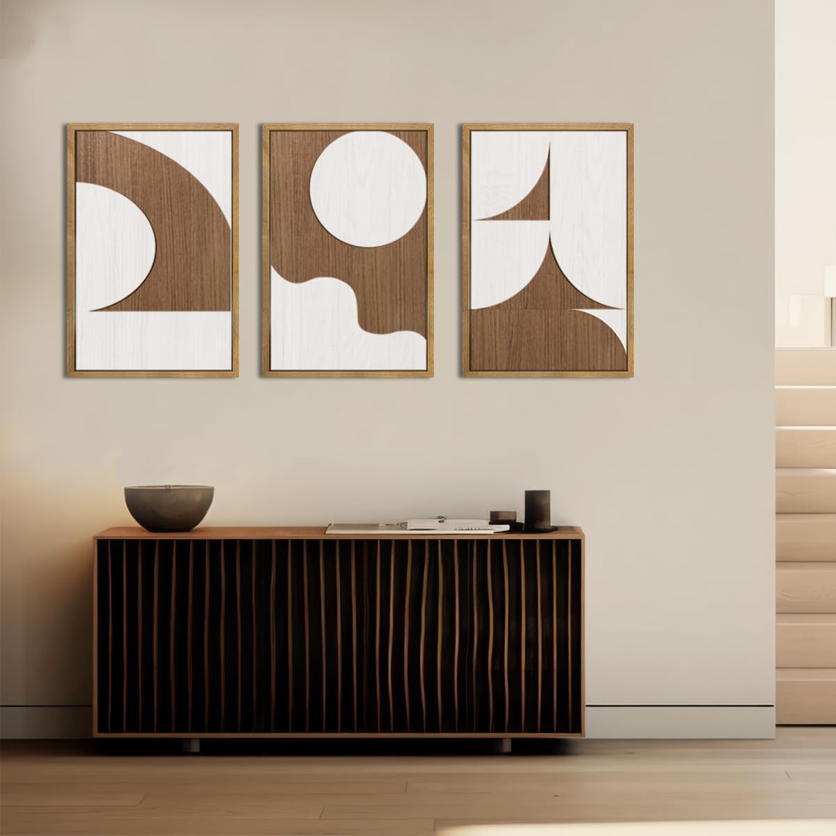 Large Abstract Brown and Beige Wall Art Set Modern Geometric Wood Grain Wall Decor Minimalist