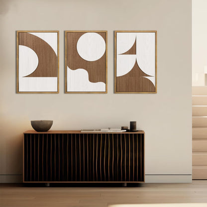 Large Abstract Brown and Beige Wall Art Set Modern Geometric Wood Grain Wall Decor Minimalist