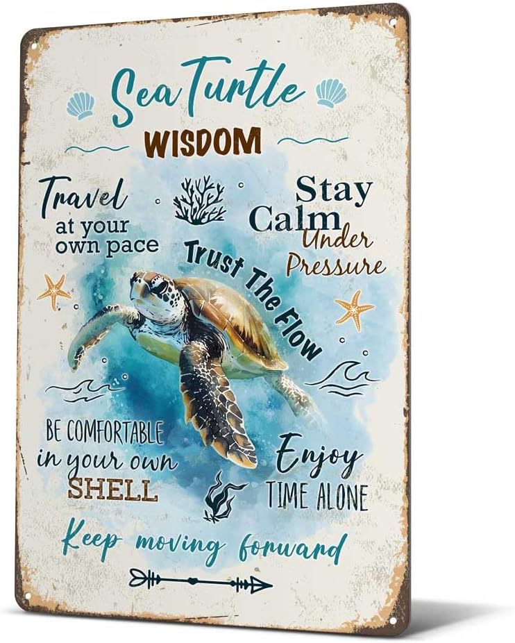 Heuhuww Retro Sea Turtle Wisdom Metal Sign for Home Office Room-Inspirational Beach Decor-Sea