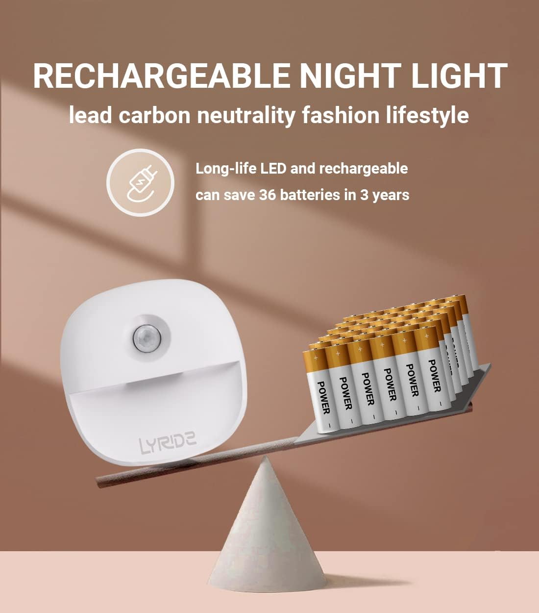 Lyridz Rechargeable Battery Night Light with Motion Sensor, Dimmable Amber Nightlights for