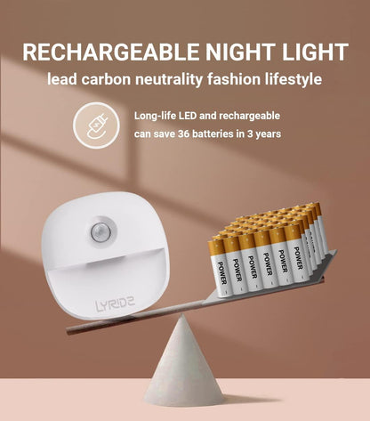 Lyridz Rechargeable Battery Night Light with Motion Sensor, Dimmable Amber Nightlights for